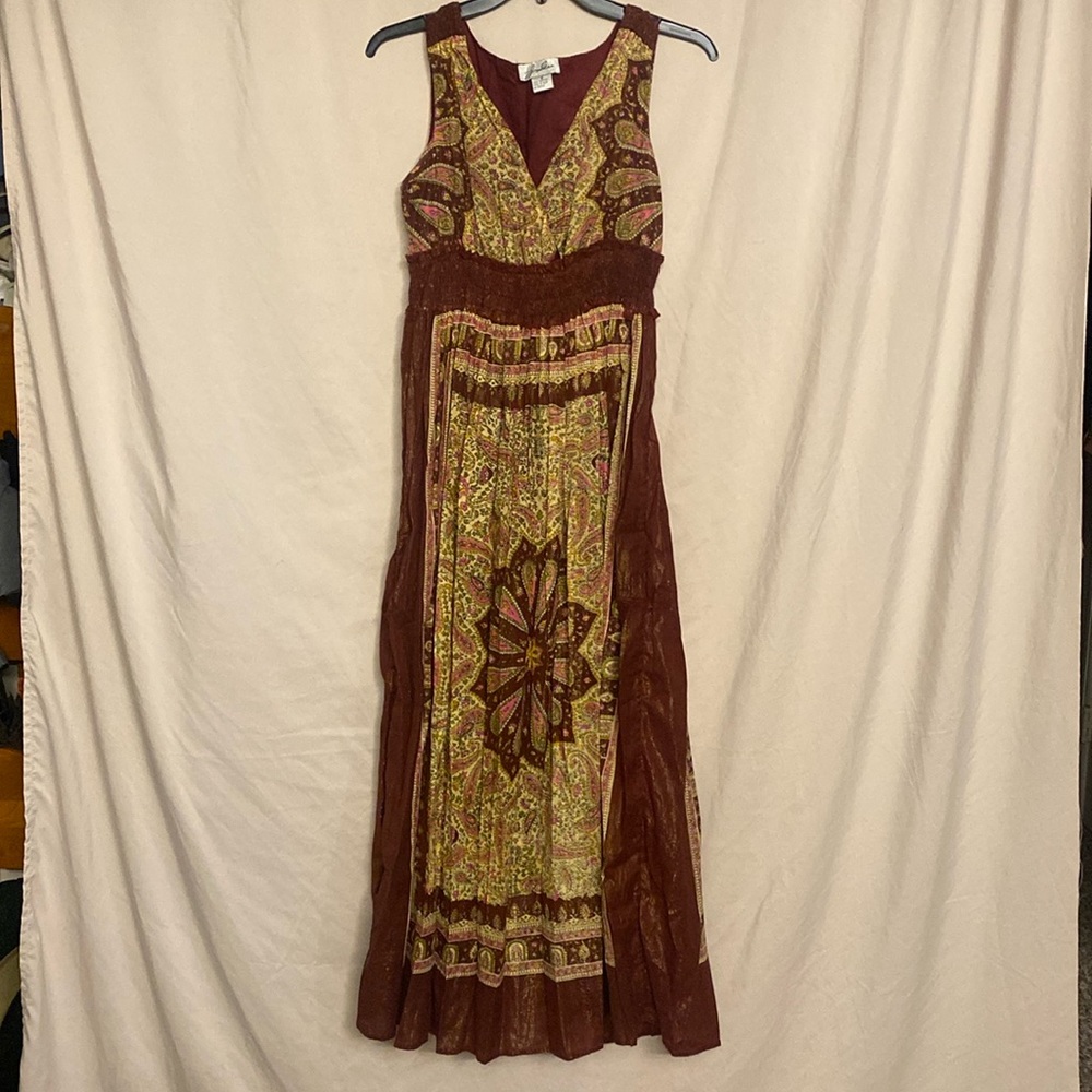J Gee Sleeves Maxi Dress, Size S Color Burgundy-Gold with Pink floral print